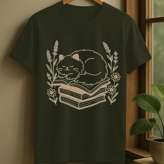 Military Green / S Cat with books t-shirt