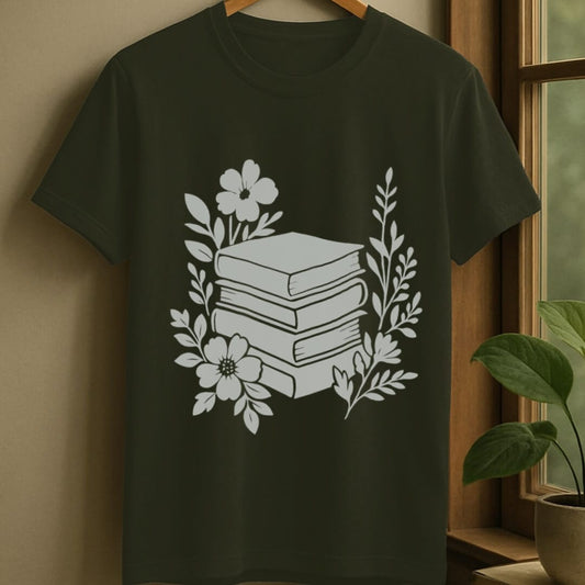 Military Green / S Minimal flowery books t-shirt