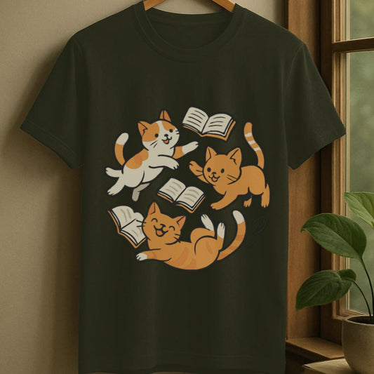 Military Green / S Playful cats with books t-shirt