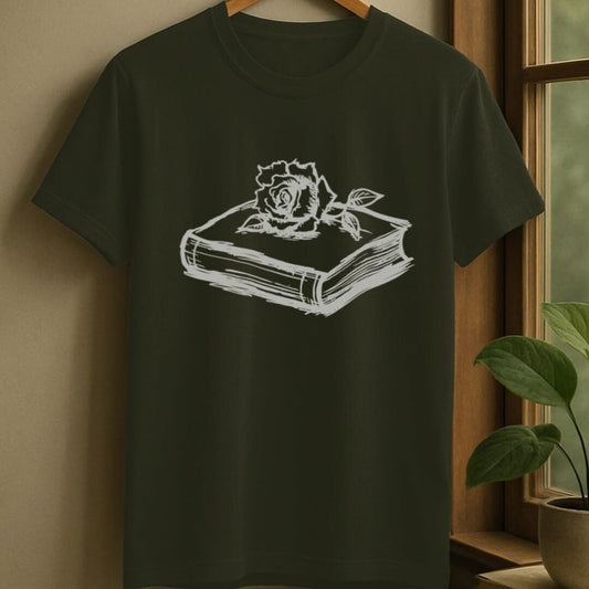 Military Green / S Rose and book t-shirt