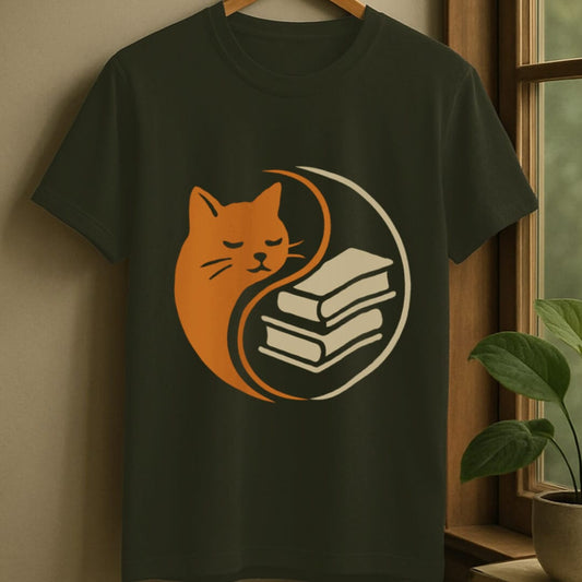 Military Green / S Yin yang books and cats t-shirt