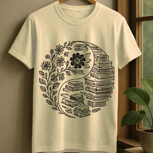 Natural / S Balance of flowers and books t-shirt