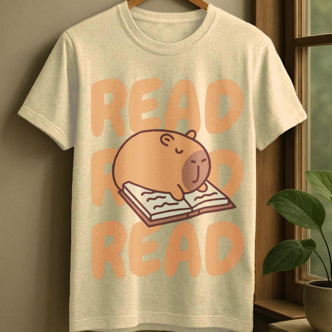 Natural / S Capybara cute reading t-shirt