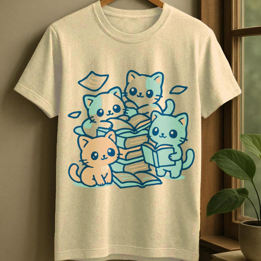 Natural / S Cats reading adventure t-shirt