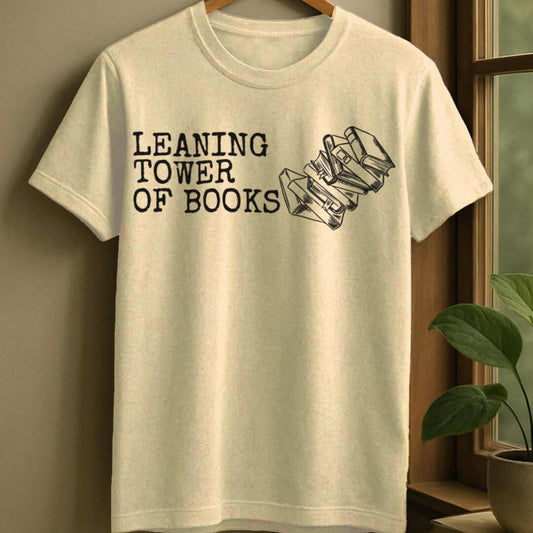 Natural / S Leaning tower of books t-shirt