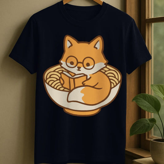 Navy / S Fox reading in ramen bowl t-shirt