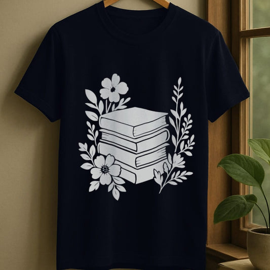 Navy / S Minimal flowery books t-shirt