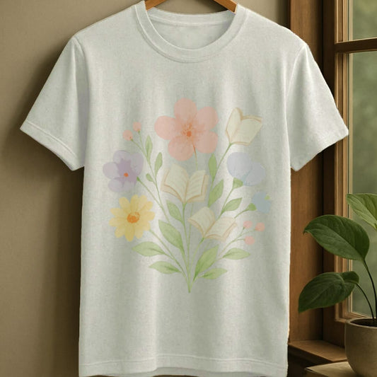 White / S Blossoms and books bouquet t-shirt