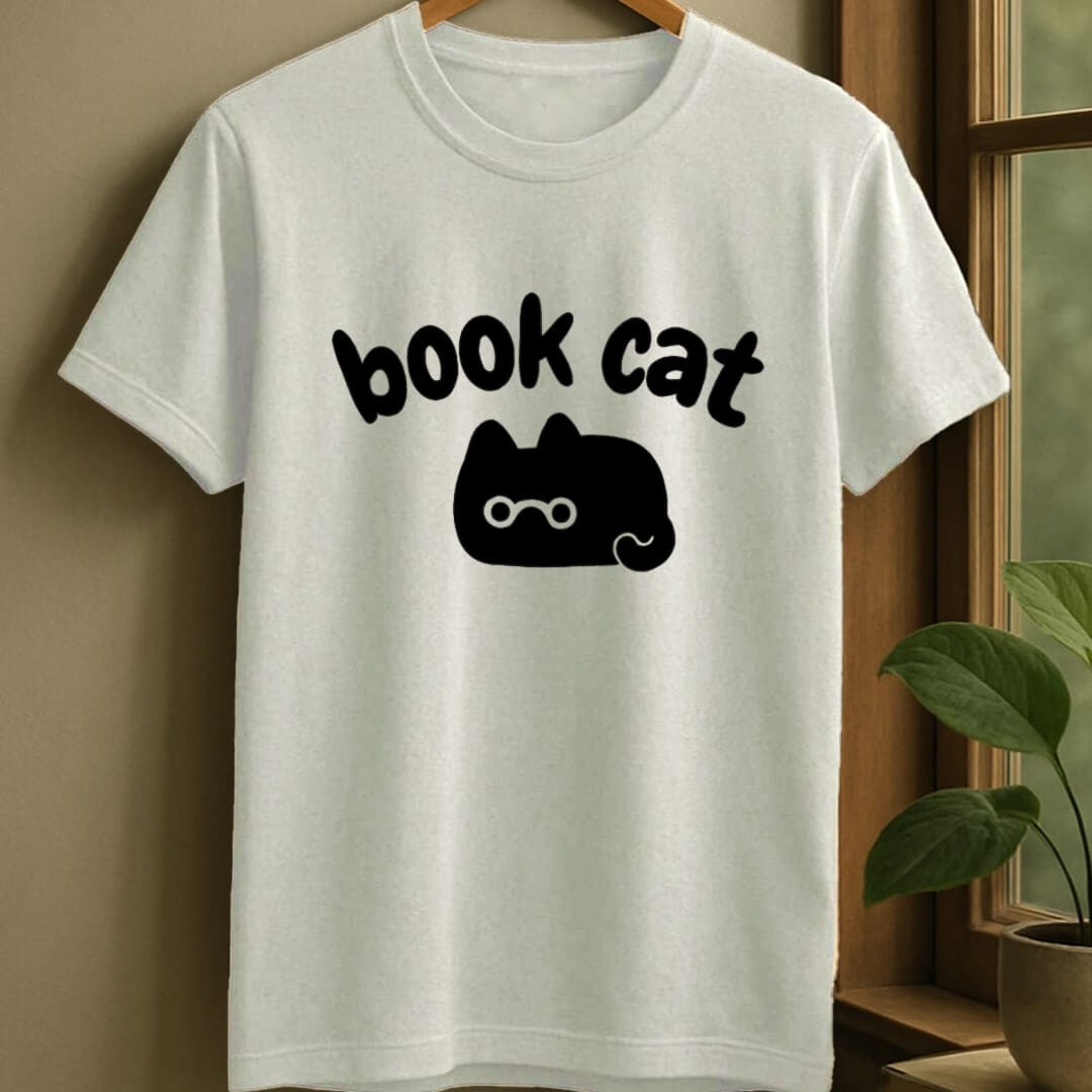 White / S Book cat t-shirt