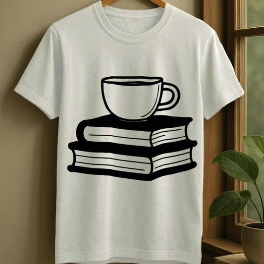 White / S Books and coffee t-shirt
