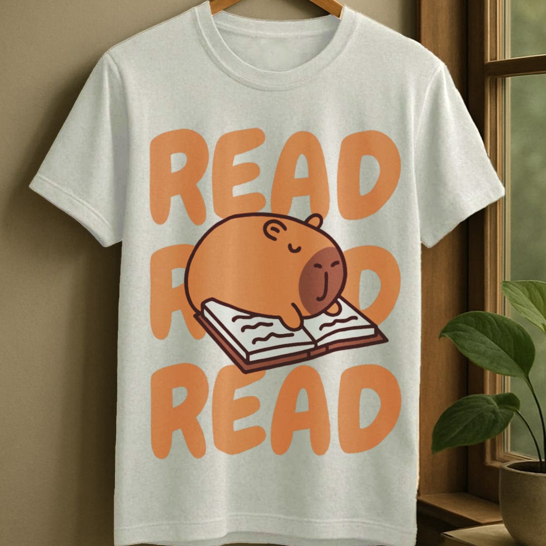 White / S Capybara cute reading t-shirt