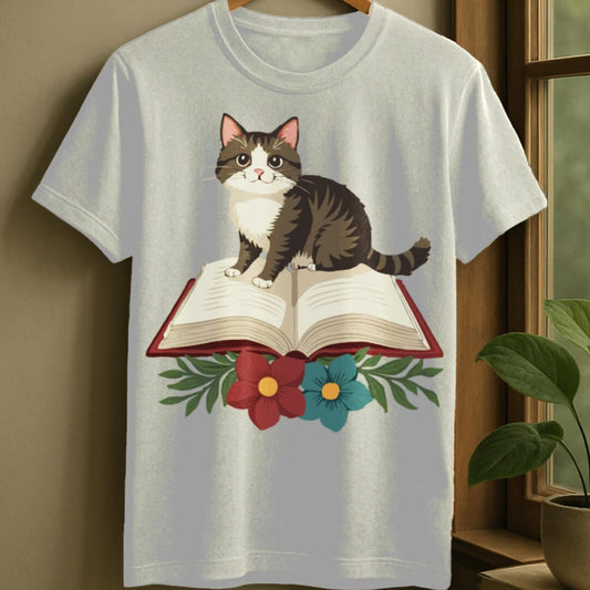 White / S Cat flower books t-shirt