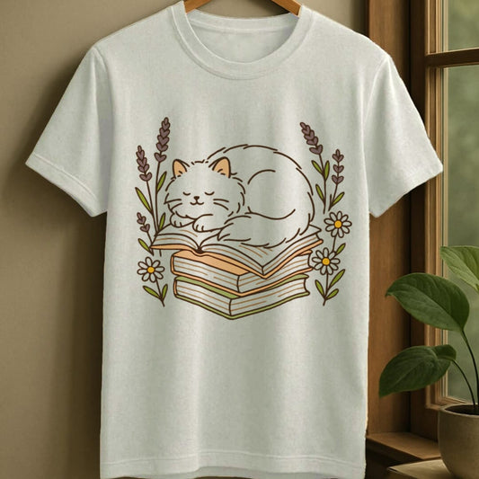 White / S Cat with books t-shirt