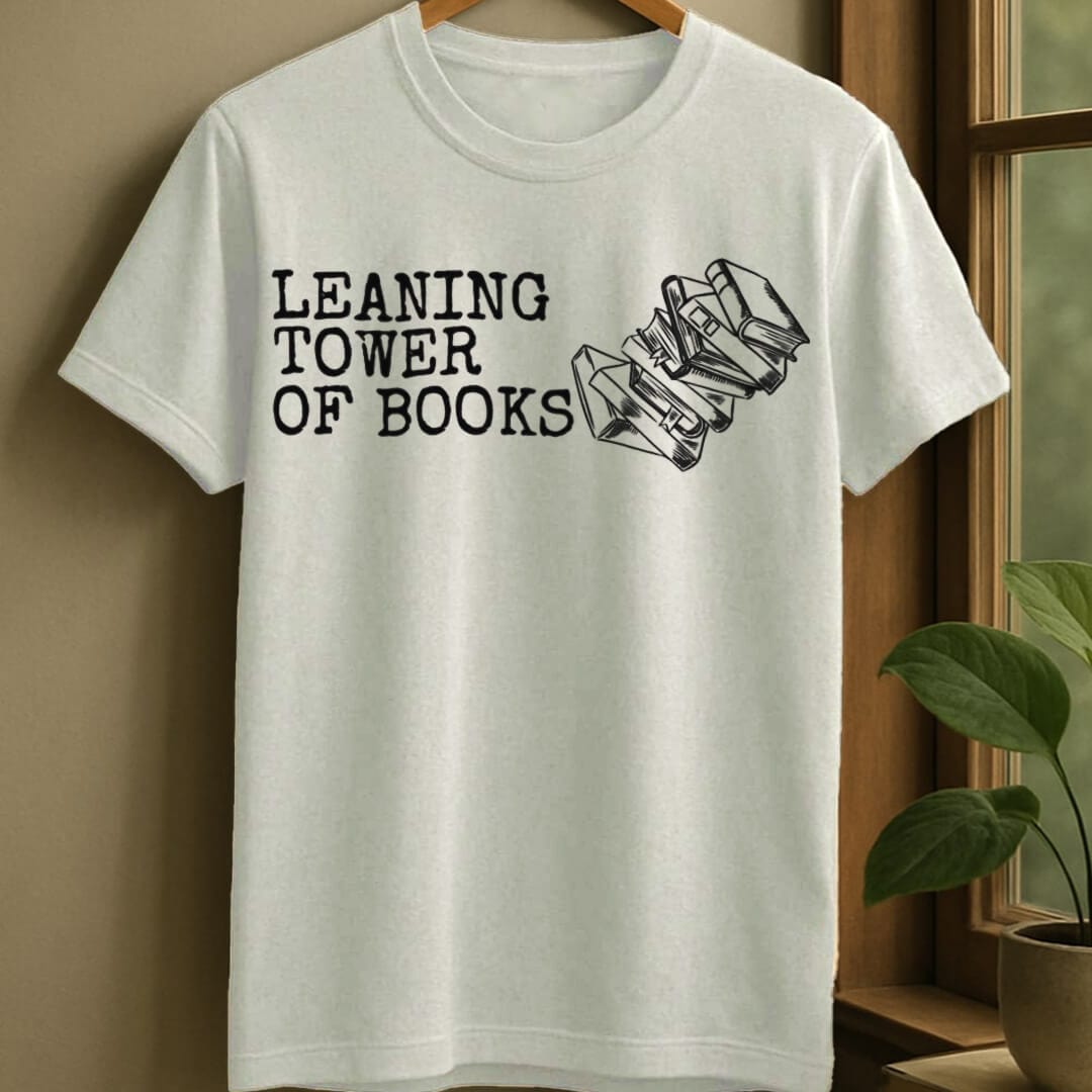 White / S Leaning tower of books t-shirt
