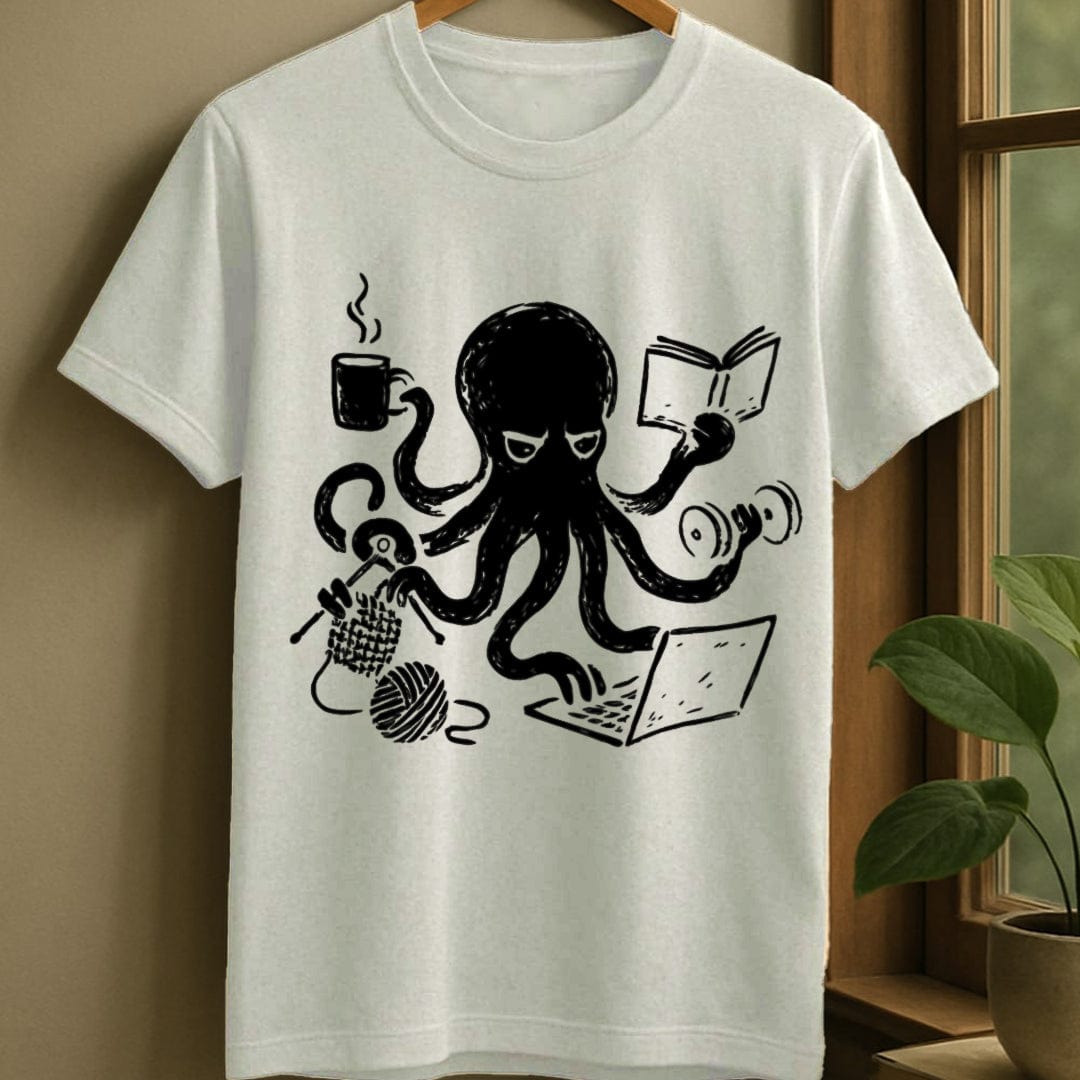 White / S Multitasking octopus juggling hobbies t-shirt