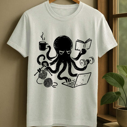 White / S Multitasking octopus juggling hobbies t-shirt